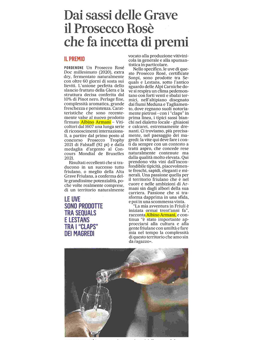 Prosecco Rose Albino Armani - Il Gazzettino di Pordenone