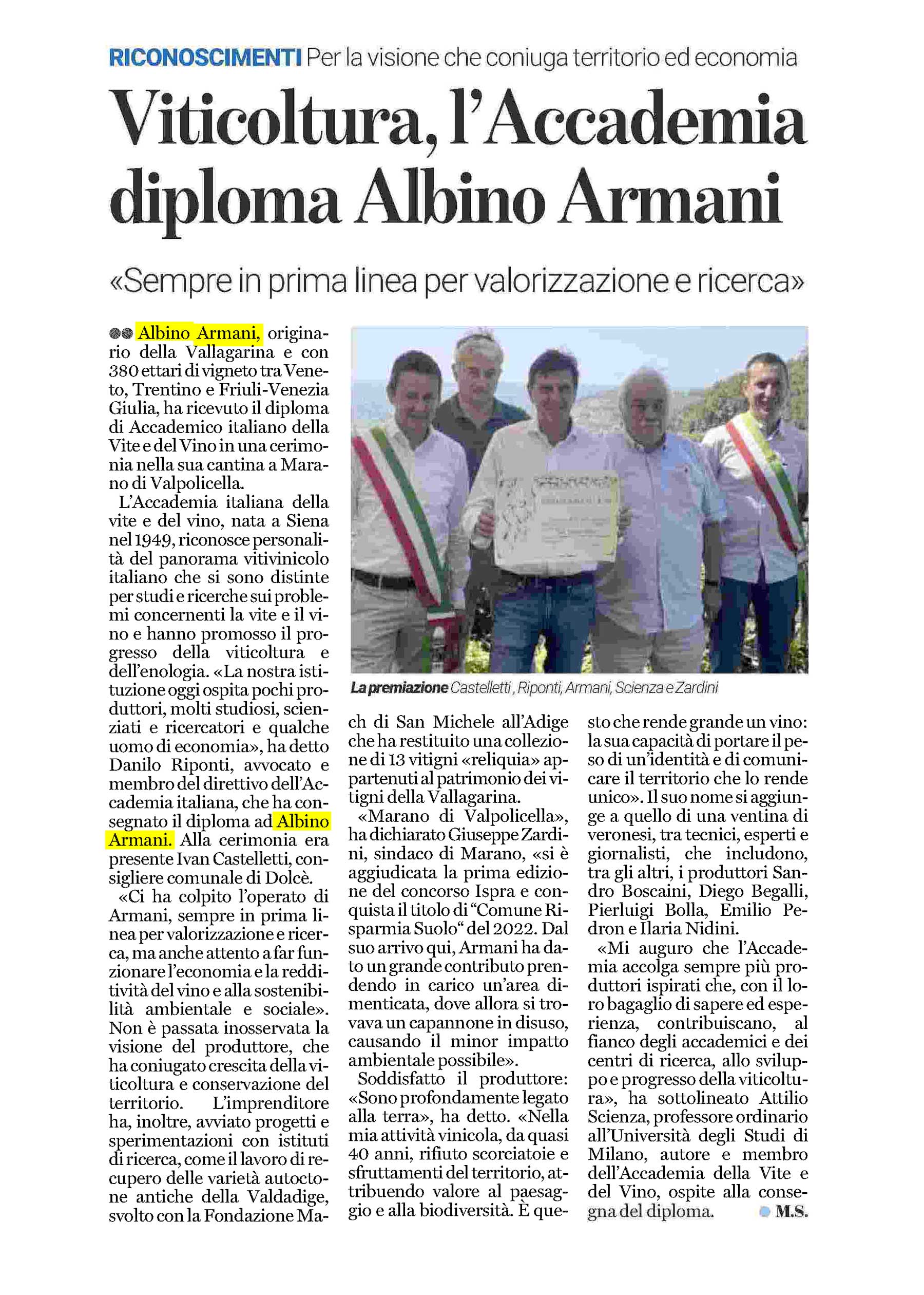 Accademico Italiano della Vite e del Vino Albino Armani L'Arena