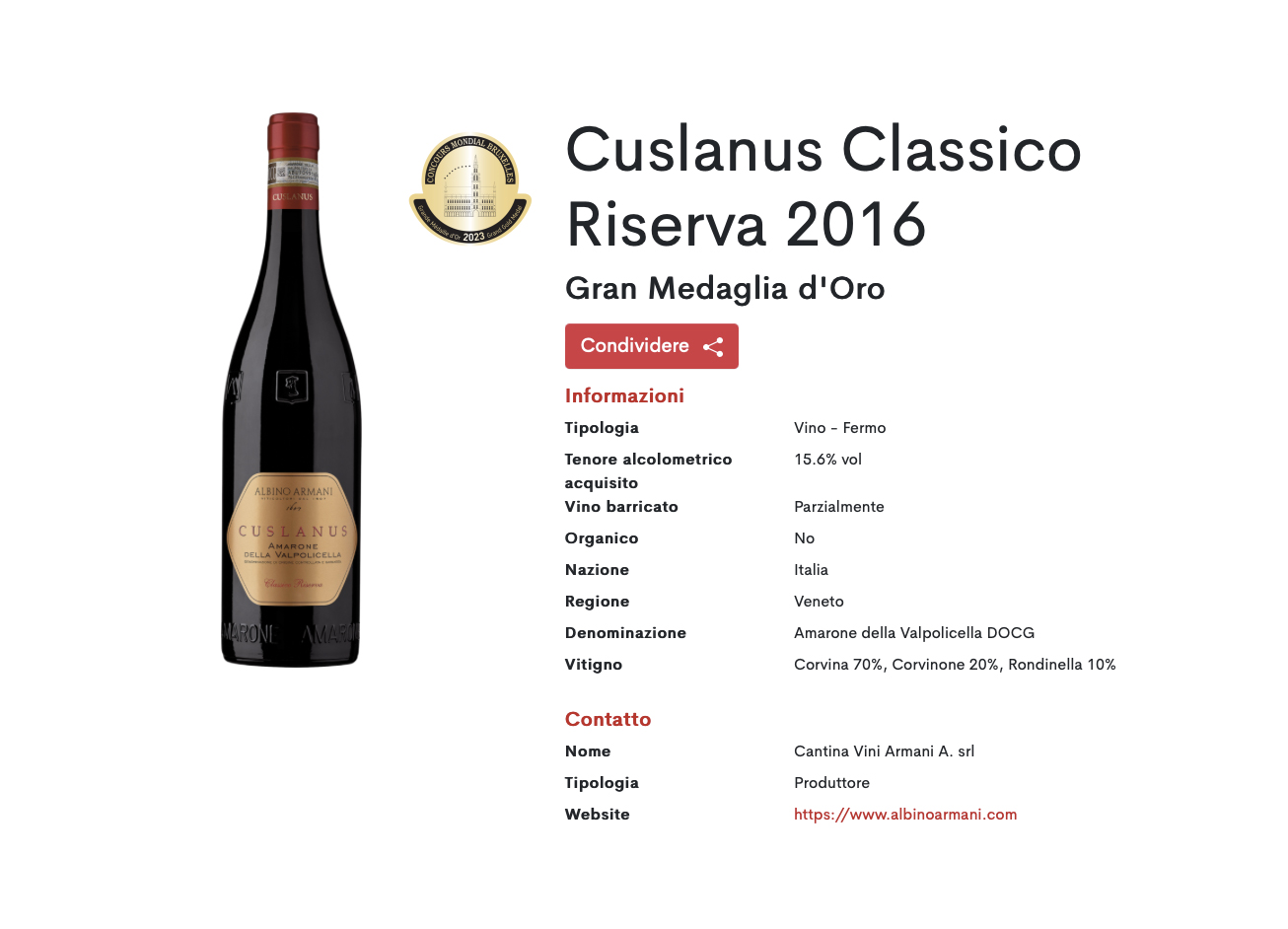 Cuslanus Gran riserva vince la Gran Medaglia d'oro